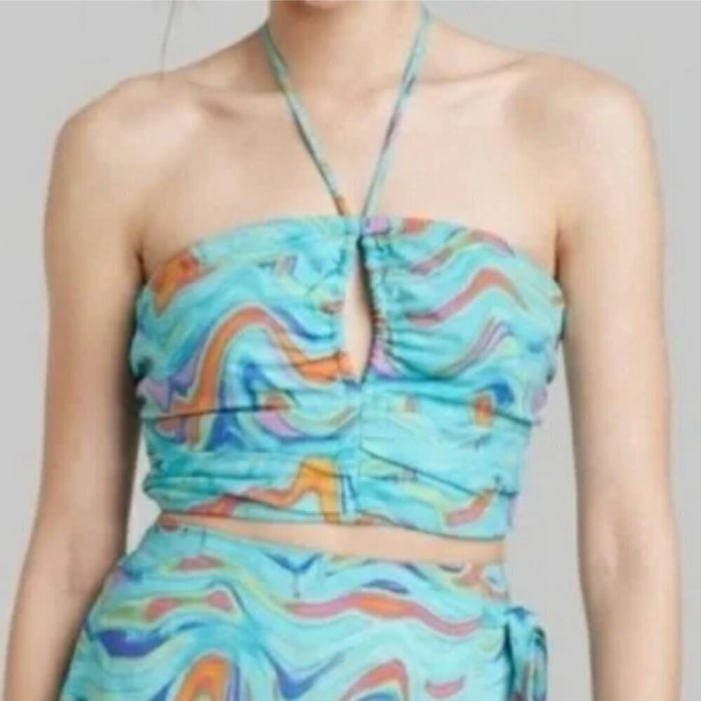 Wild Fable Women's Size XS Swirl Marble Halter Crop Top Aqua Blue Woven Smocked